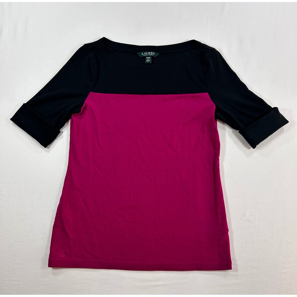 Lauren Ralph Lauren Color Block Boat Neck Top Black Magenta Cuffed Sleeve PM